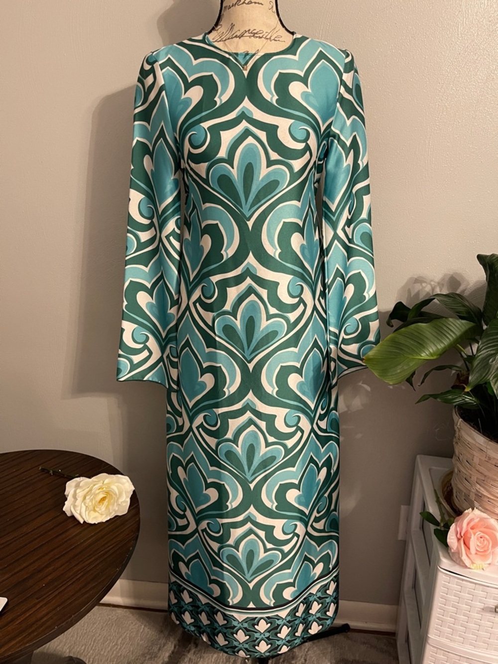 Retro Teal Geometric Print Midi Dress Cutout Back Long Sleeve Statement XS